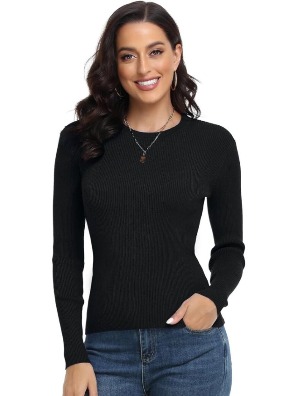 Black Ribbed Slim Fit Crewneck Knit Pullover Sweater Women